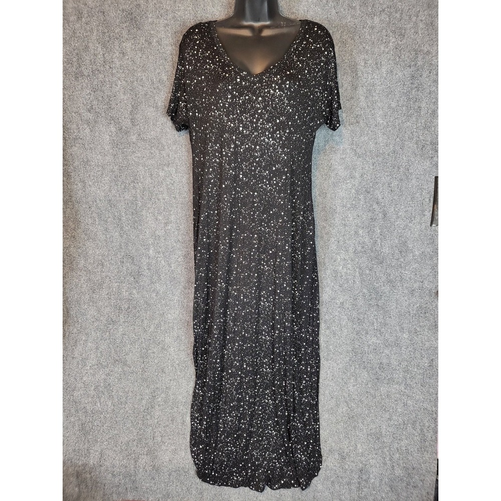 HuskAry Black Maxi Dress‎ Womens Sz L Short Sleeve V Neck Pockets Casual Loose